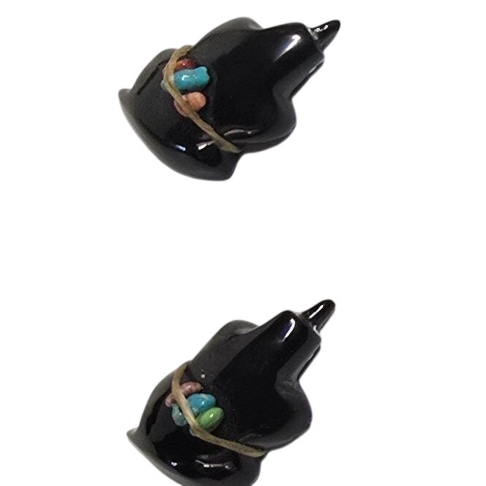 Zuni Fetish Lot of 2 Hand Carved Black Jet Platypus Turquoise Coral Inlay Bundle